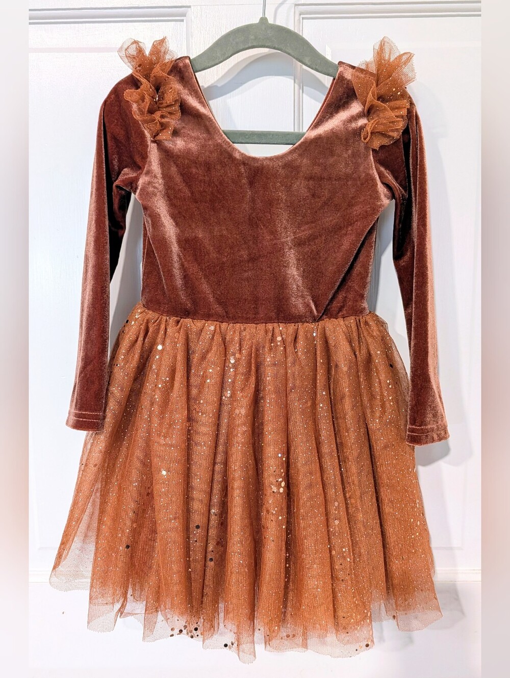 Kids Velvet & Glitter Tulle Fancy Holiday Dress in Copper